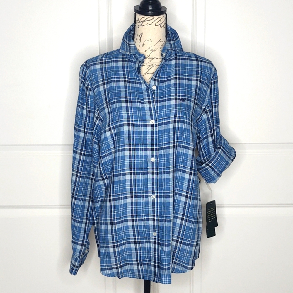 Ralph Lauren💙Dorchst Blue Plaid Linen Shirt, Medium 🆕